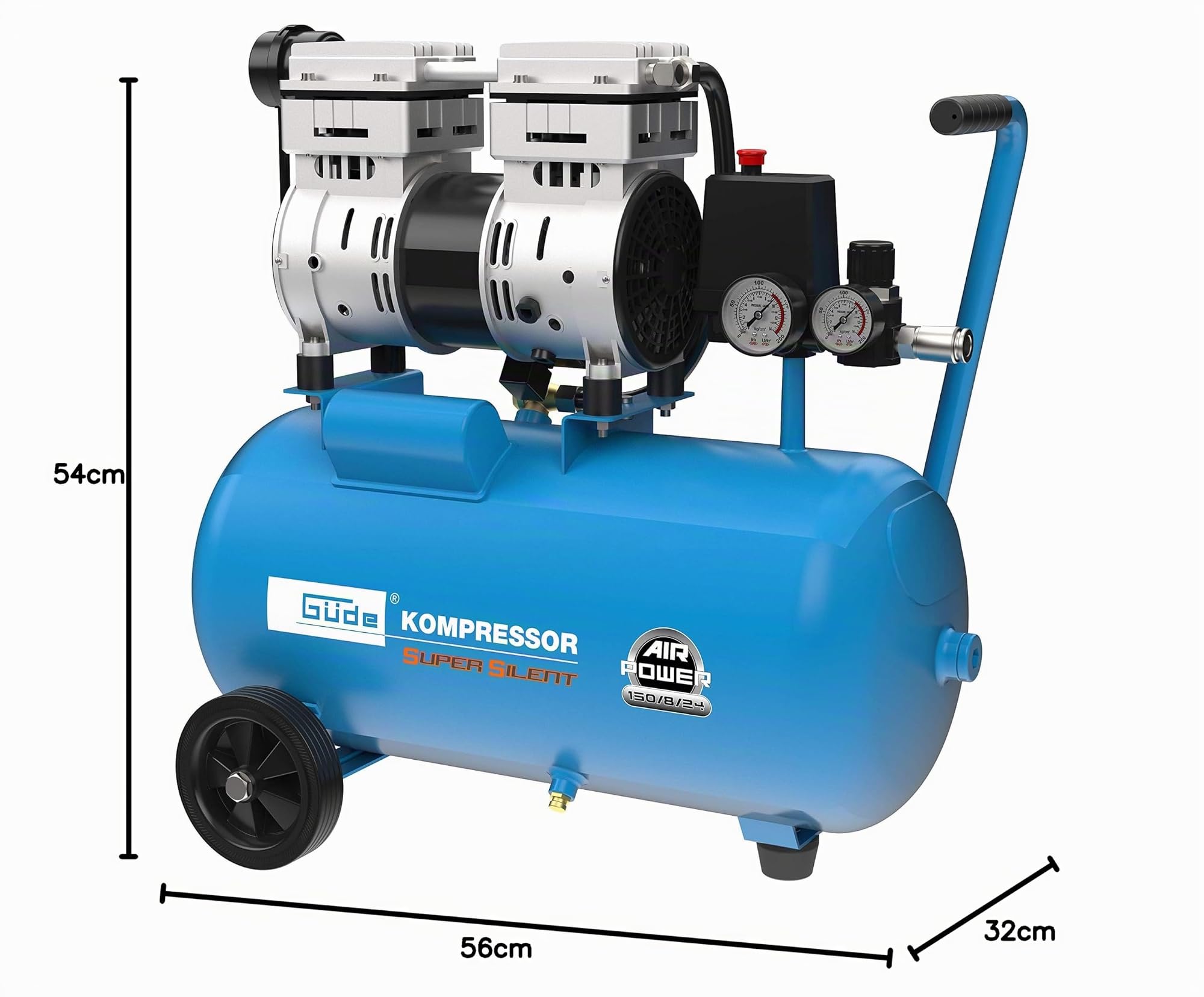 Güde Compressore Airpower 150/8/24 Silent (senza olio, silenzioso, max. 8 bar, 1100 W, caldaia da 24 l, eff. quantità di consegna 130 l/min, riduttore di pressione, 2 manometro, valvola di sicurezza e