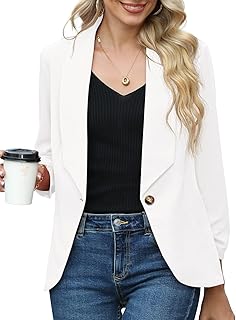 PrinStory Womens Blazer Suit Open Front Cardigan 3/4 Ruched Sleeve Casual Work Office Blazer Jacket For Ladies