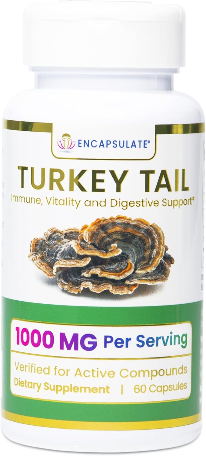 ENCAPSULATE Turkey Tail Capsules 8:1 Extract – Premium Organic Fruiting Body 8:1 Extract – Adaptogen Mushroom Supplement for Digestive, Gut & Immune Support – Lab Tested & Non-GMO – 60 Vegan Capsules