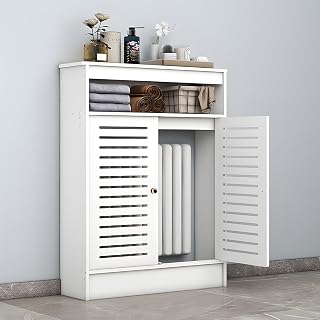 Wooofa White Radiator Cover with Doors & Shelf - Waterproof Flame Retardant Heater Guard for Home, Easy Assembly Fits Most Radiators