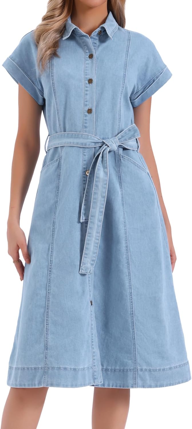 Allegra K Denim Shirt Dress for Women's Casual Button Down Short Sleeves Belted Jean Midi Dress 2025 Trendy Outfits