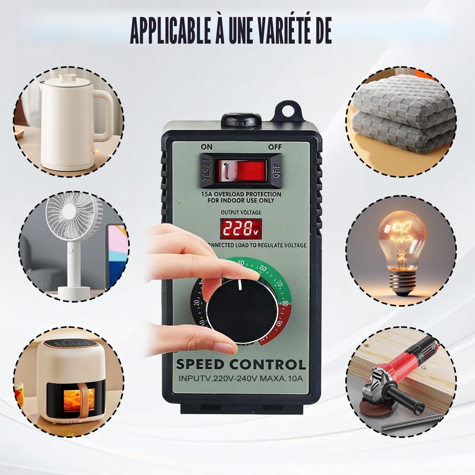 Régulateur de vitesse 220V : AC 220V 10A Régulateur de tension avec protection contre les surcharges Puissance de pointe 4000W, Régulateur de vitesse progressif pour meuleuse d’angle Souffleur