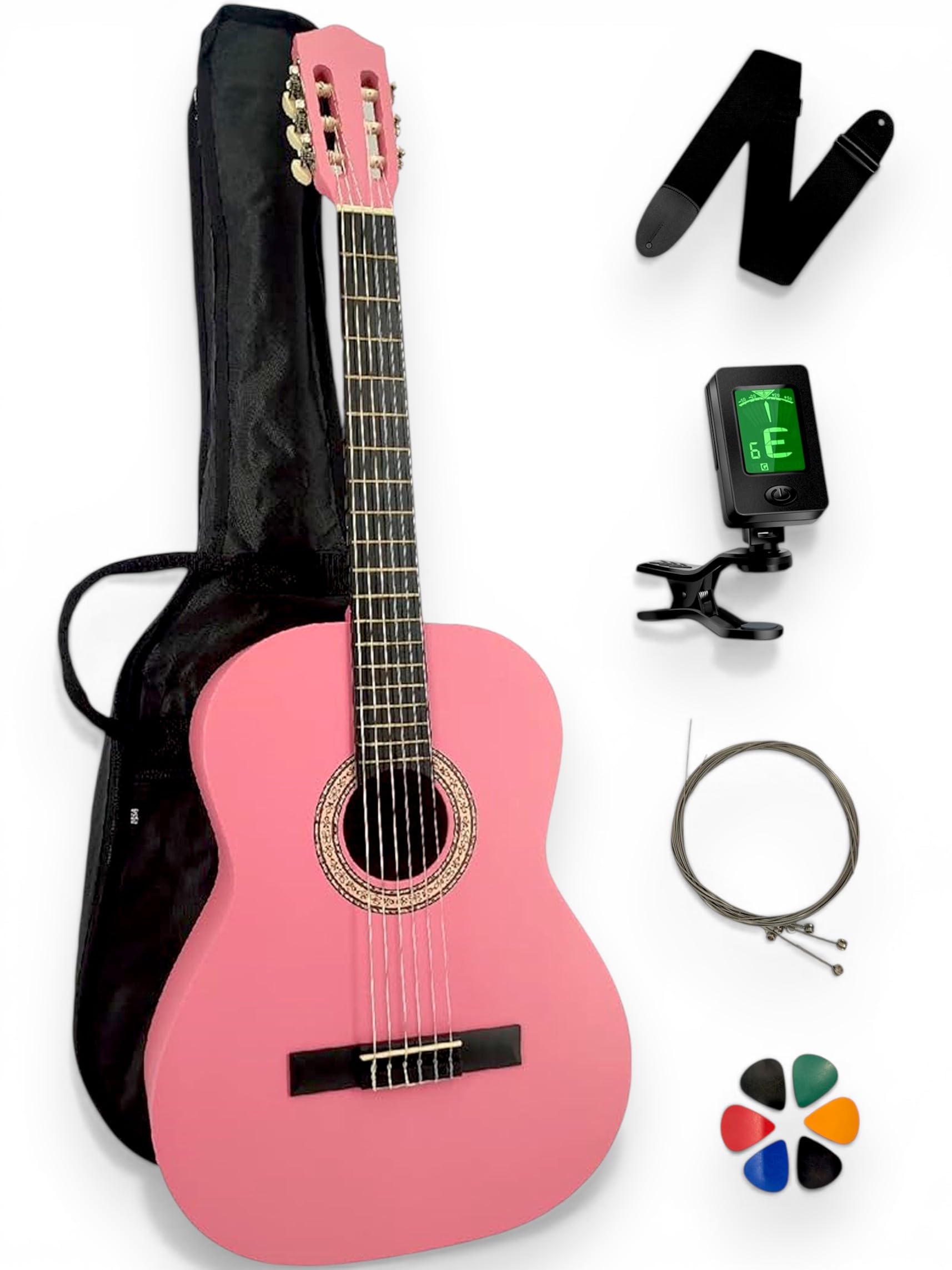 Pack de guitarra clásica 4/4 (adulto) 10 accesorios para patio de vídeo y CD (rosa)