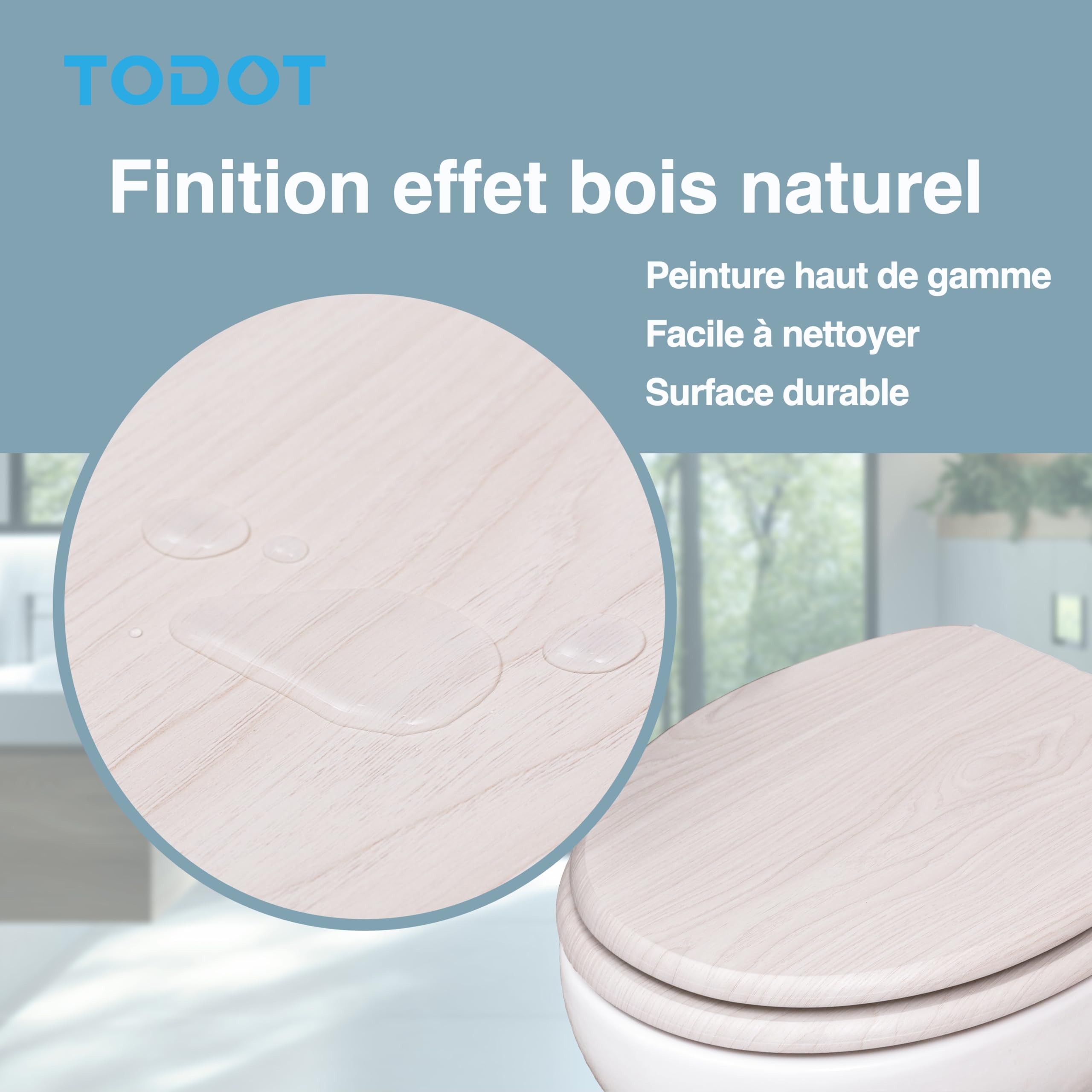 Abattant WC avec Frein de Chute Silencieux, Siège de Toilette en MDF Imitation Bois Naturel, Charnières Inox/Zinc Ajustables, Compatible Cuvette O, Capacité jusqu'à 175 kg (Natural Wood)