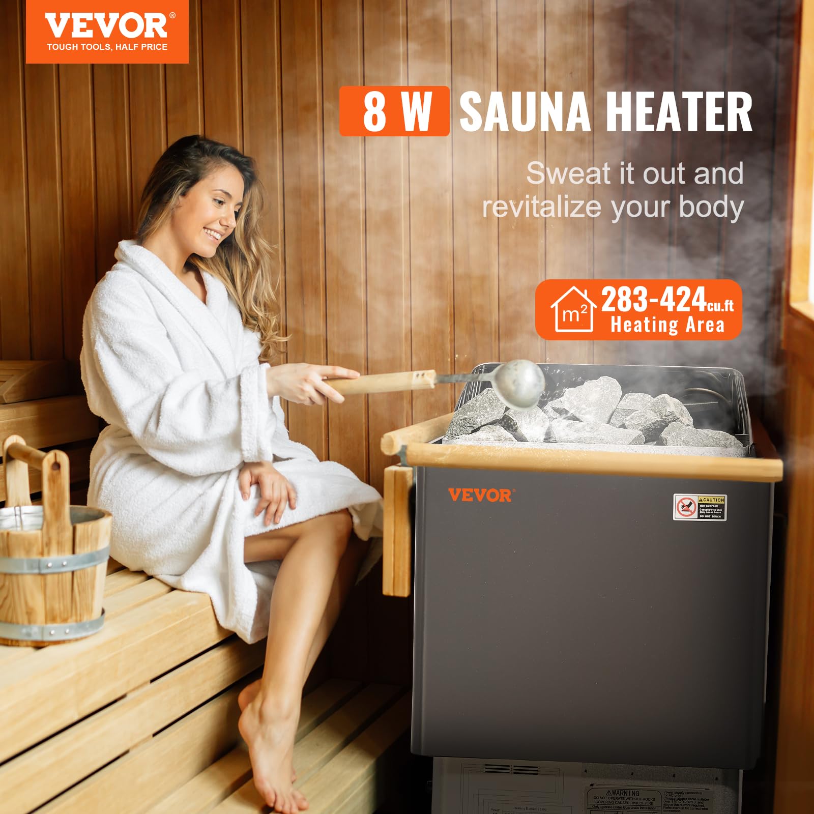 VEVOR Calentador de Sauna Eléctrico Portátil 8kW 400V 3N con Temporizador de 3 Horas Controlador Digital 110°C Máx para Sauna de 8-12 m³ Ducha de Spa de Hotel Uso Comercial, Piedras No Incluidas
