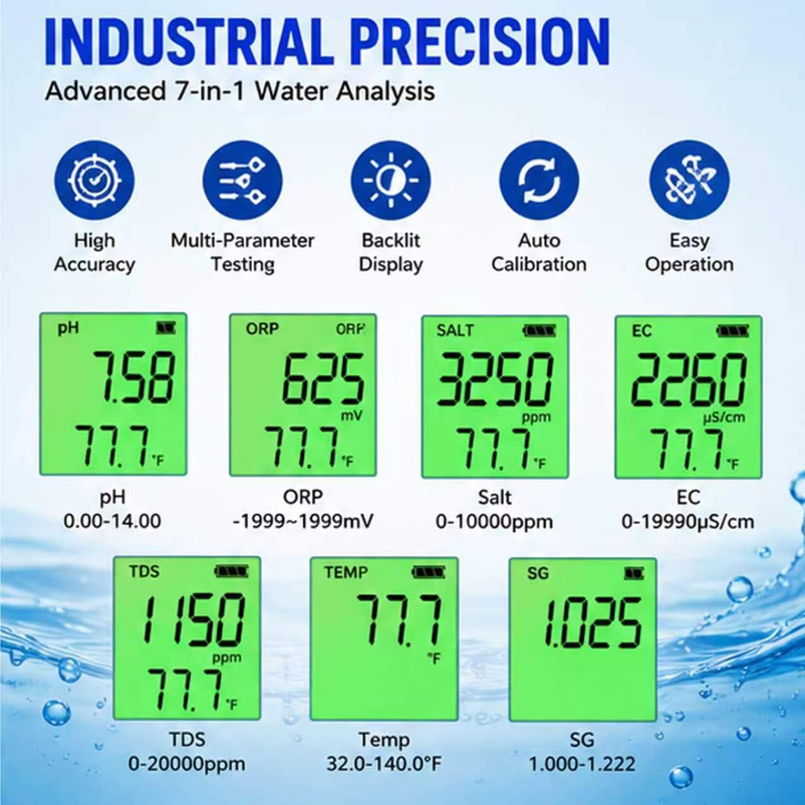 Tester di sale per piscine con misuratore di sale pH ORP, kit digitale per test della salinità dell'acqua ad alta precisione, misuratore di cloro e termometro di lettura, per piscine di acqua salata S
