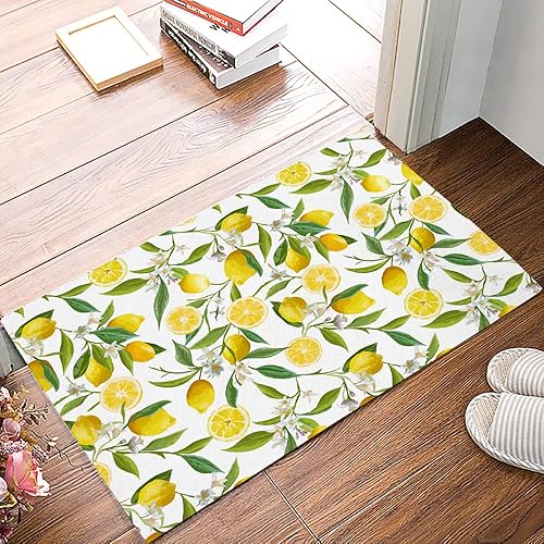 Limones amarillos y flores blancas con hojas verdes tapete de ducha para baño antideslizante tapete absorbente tapete para decoración del hogar para