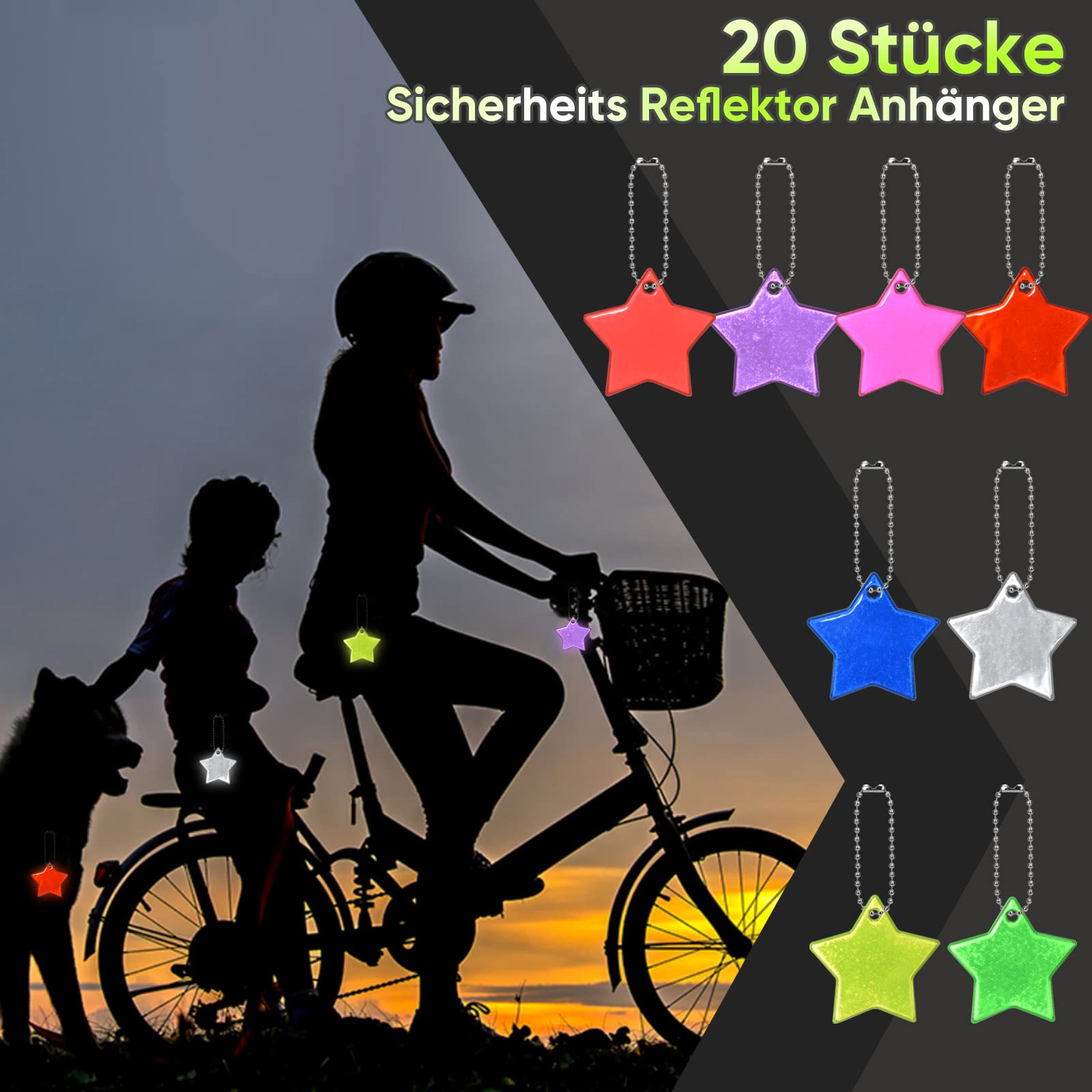 DealKits 20 stuks veiligheidsreflectorhangers, stersleutelhangers, kinderreflectorhanger voor poppenzitjes, rugzak, handtas, jassen, rolstoel, fietsen, hardlopen, party, cadeautje, 8 heldere kleuren
