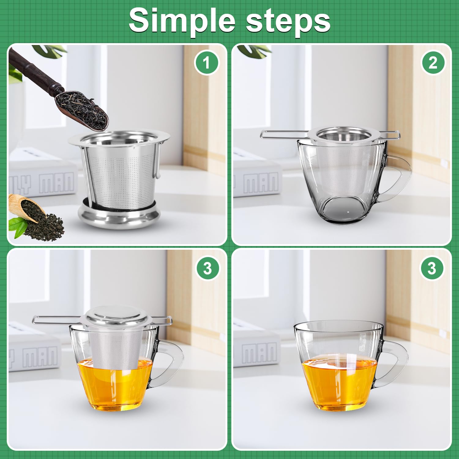 Infusor de Té de Acero Inoxidable 304, Filtro para Té con Tapa y Mango Plegable, Reutilizable 2 Piezas