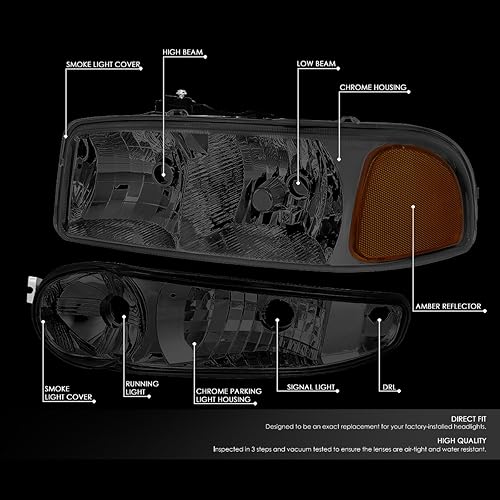 Miniatura 8 de Auto Dynasty Conjunto de faros delanteros compatible con GMC Sierra Yukon XL 1500 DenaliClassic 2001-2007, 4 faros halógenos para el lado del
