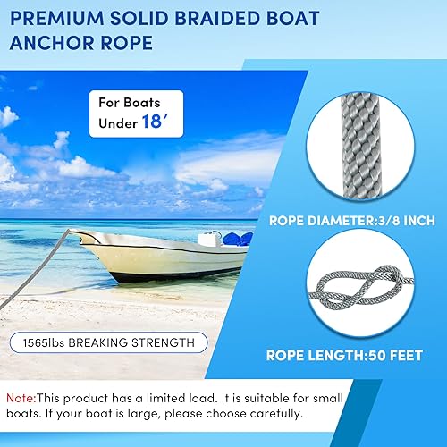 Vista 130 de Cuerda de anclaje premium de 100 pies x 3/8 pulgadas, cuerda marina de línea de anclaje MFP trenzada sólida con dedal y grillete, color negro