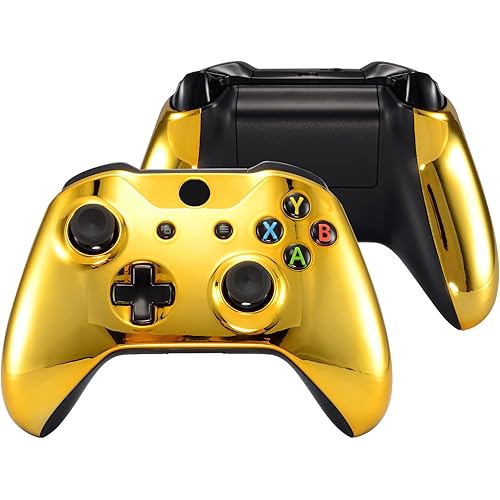 eXtremeRate Chrome Gold Top Shell Front Housing Faceplate Replacement Parts with Side Rails Panel for Xbox One X & One S Controller (Model 1708)