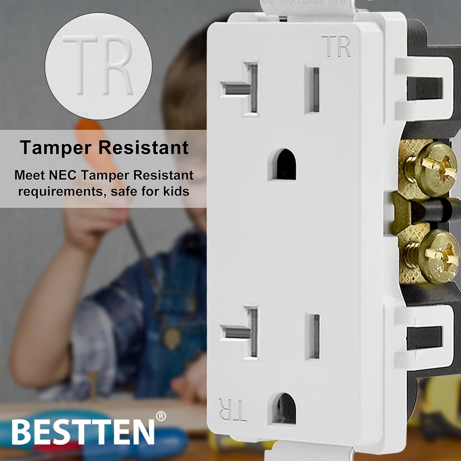[10 Pack] BESTTEN 20 Amp Decorator Wall Outlet with Metal Wall Plate, Tamper-Resistant Receptacle, 20A/125V/2500W, UL Listed
