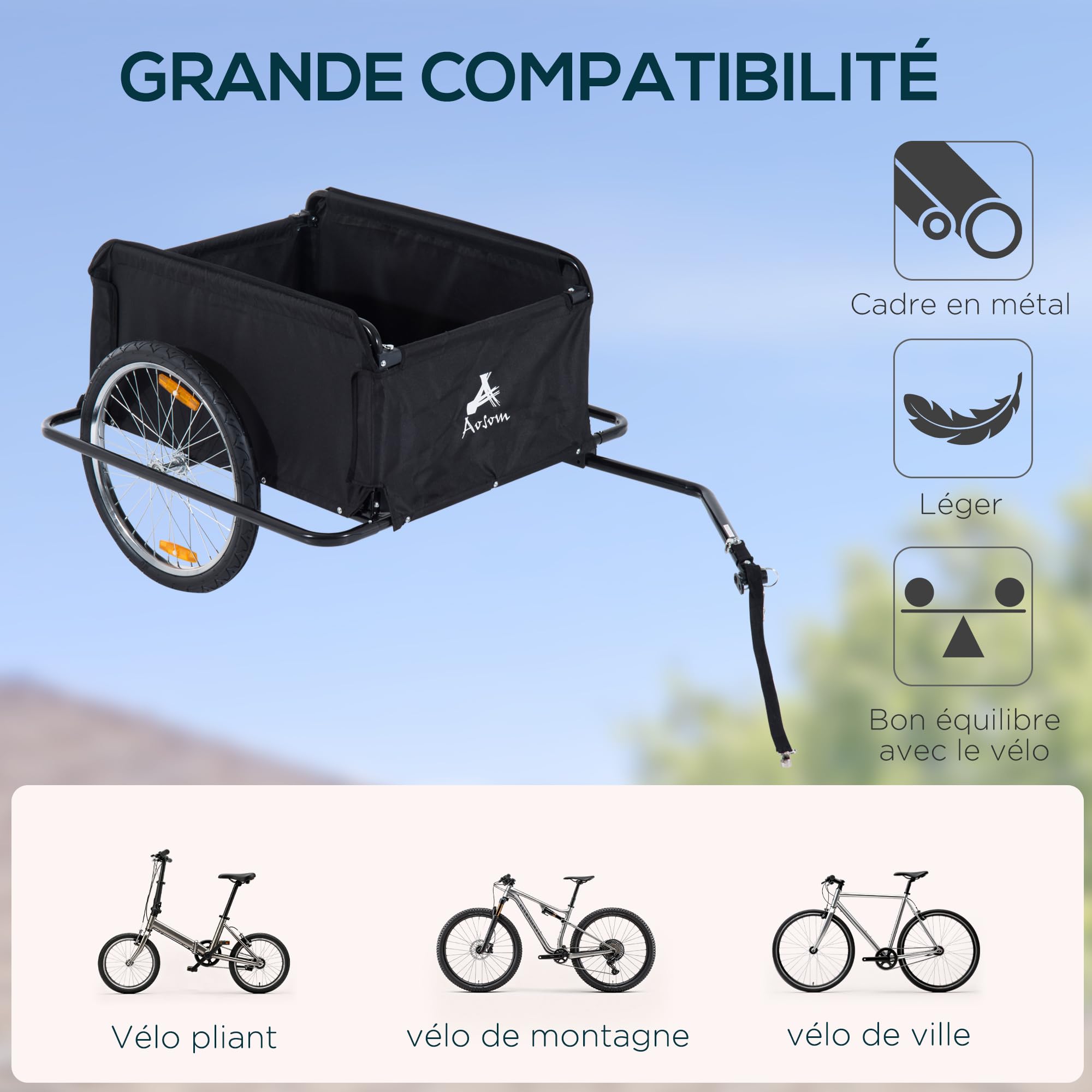 HOMCOM Remorque de Transport vélo Cargo capacité 70 L Barre d'attelage Incluse Housse Amovible 4 réflecteurs Charge Max. 40 Kg