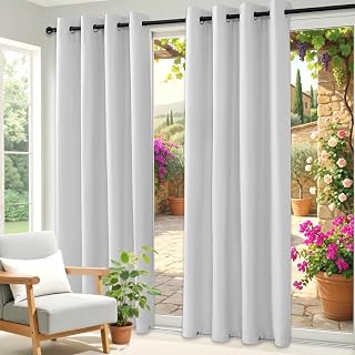 2Set Outdoor Vorhänge Wasserfest Sonnenschutz Winddicht Rostfrei Schnelltrocknend mit Ösen für Terrasse Garten Balkon Familienhaushalte einfache Montage farbecht haltbar(132x245cm, Grau-Weiß)