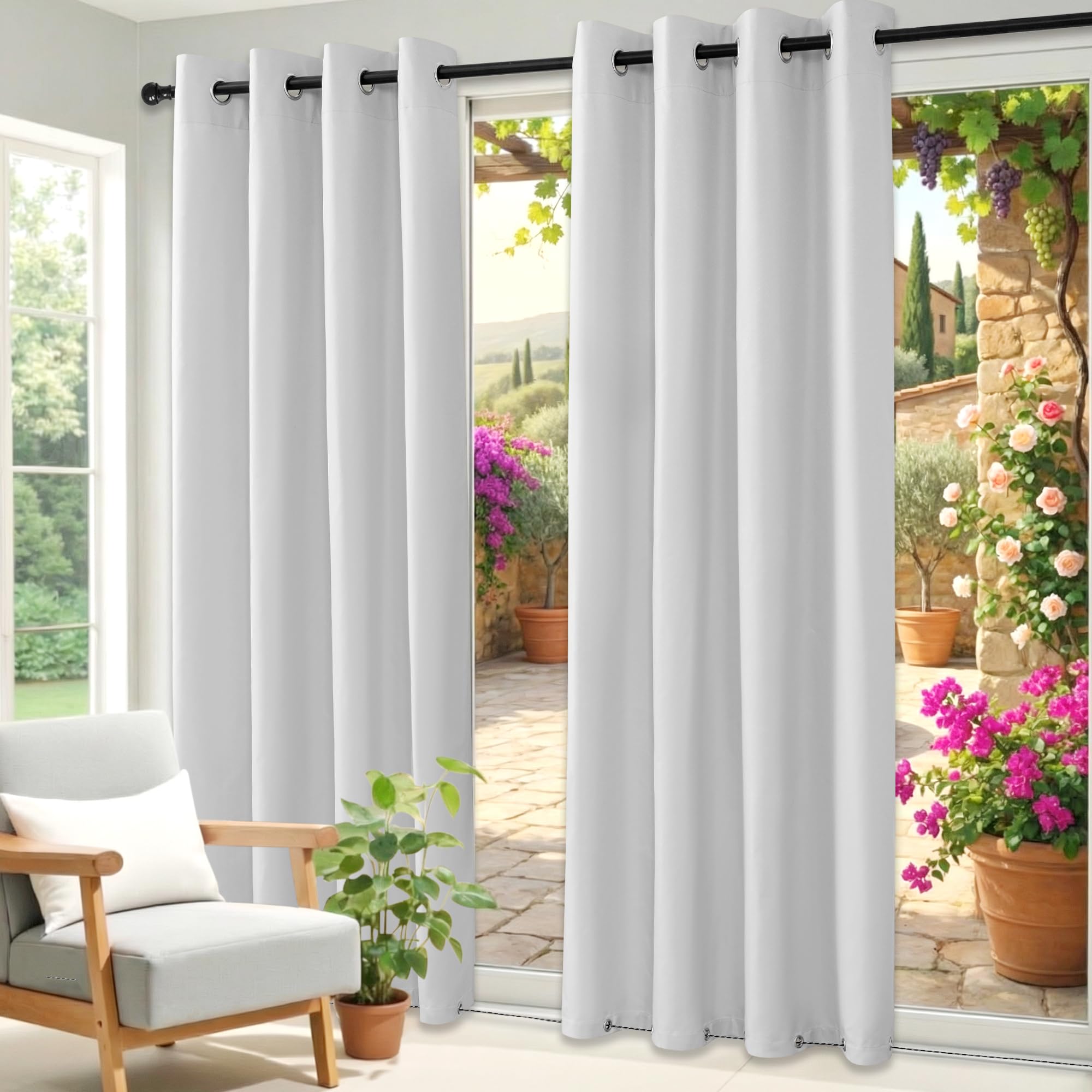 Clothink Outdoor Vorhang Wetterfest Mit Ösen Oben und Unten, Outdoorvorhänge Wasserdicht Outdoor Gardinen Windschutz Sonnenschutz für Balkon Pergola Terrasse