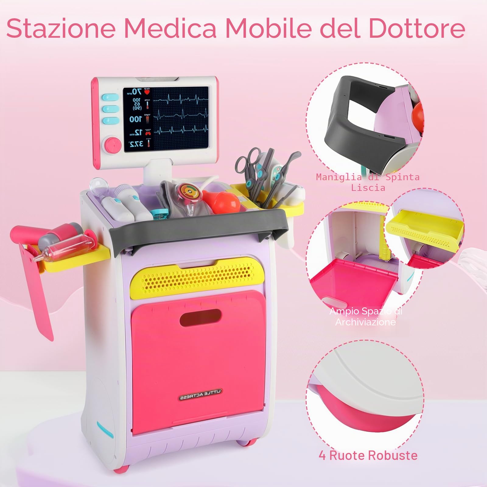 deAO Valigetta Dottore Bambini, Carrello Medico Giocattolo con Stetoscopio | Kit Dottoressa Bambina con Camice da Medico, Simulazione Dottore Accessori, Gioco di Ruolo Regalo (Rosa)