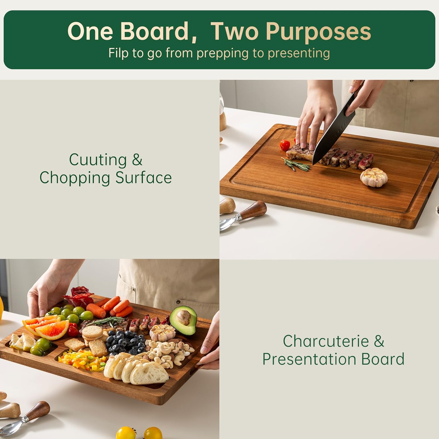 Acacia Wood Cutting Boards for Kitchen, Premium Wood Cutting Board Set with Holder, Chopping Board with Grooves and Built-in Handles, Wooden Charcuterie Board Trays for Meat, Fruit, Cheese - Image 5