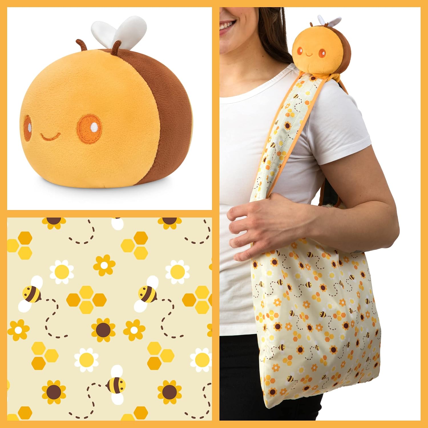 TeeTurtle - Plushie Tote Bag - Yellow Bee - From the creators of the Original Reversible Octopus Plushie - Take Your Plush Pal Wherever You Go! image 2