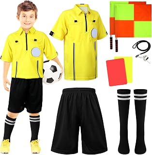 Newcotte 11 Pcs Kids Soccer Referee Kit Children Referee Package Umpire Gear Set Halloween Kids Referee Costume Ref Shirt Referee Whistle with Lanyard Penalty Flag Soccer Card for Football
