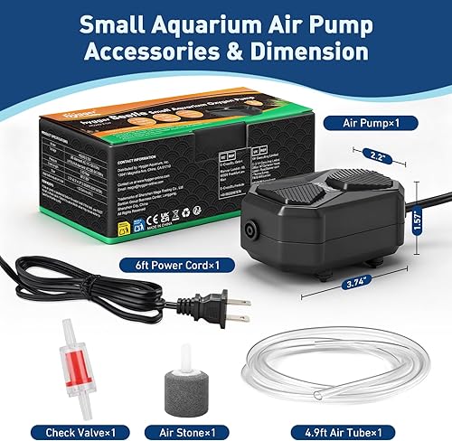 hygger Aquarium Air Pump, Ultra Quiet Oxygen Aerator with Air Stone Airline Tubing Check Valve, Aquarium Fish Tank Air Bubbler for 3 to 79 Gallon Tank and Bucket(2.5W- Up to 12 Gallon)
