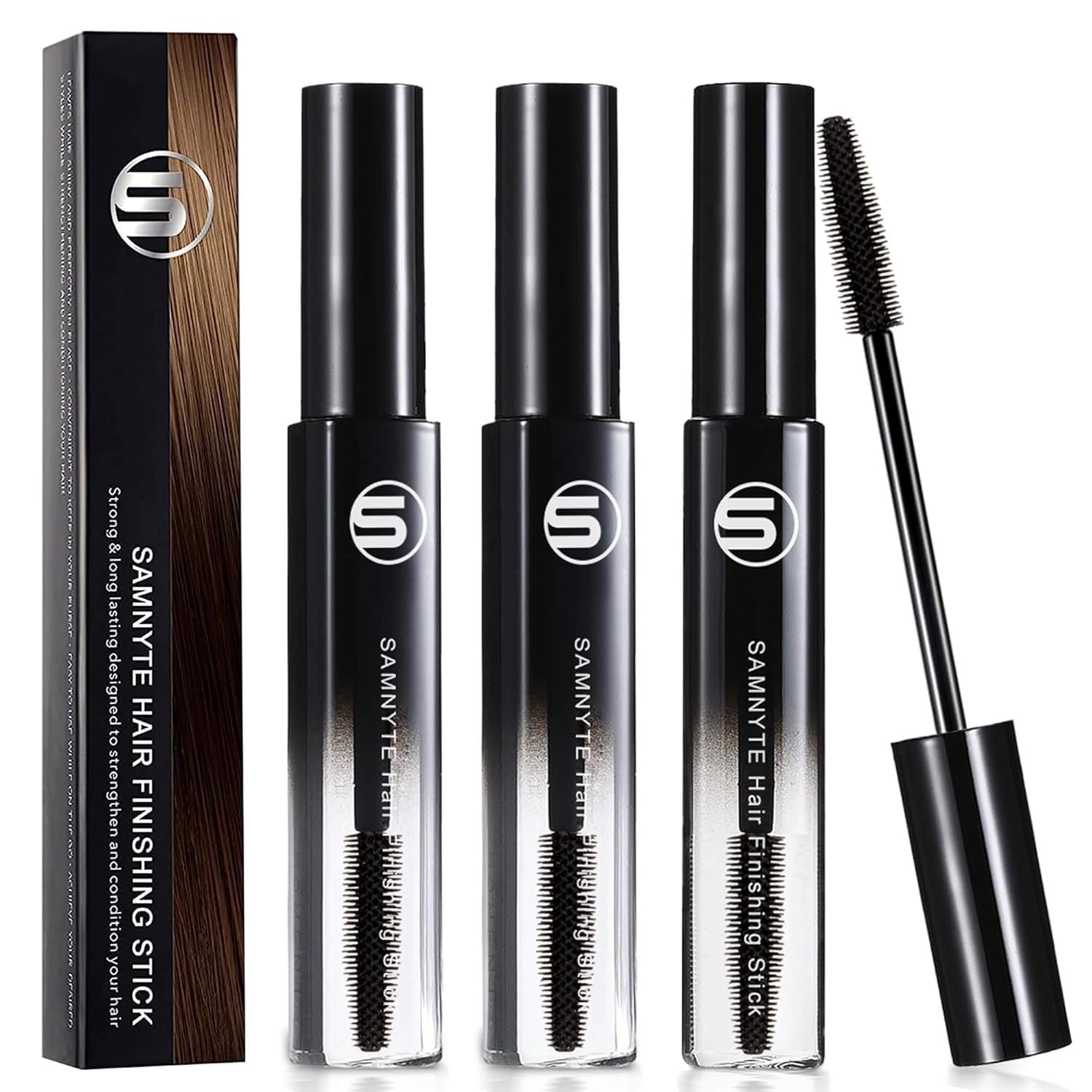 Samnyte Hair Finishing Stick, (3 Pack) Flyaway Tamer for Baby Hair and Women's Hairstyling, with Shiny Mascara for Broken Flyaways