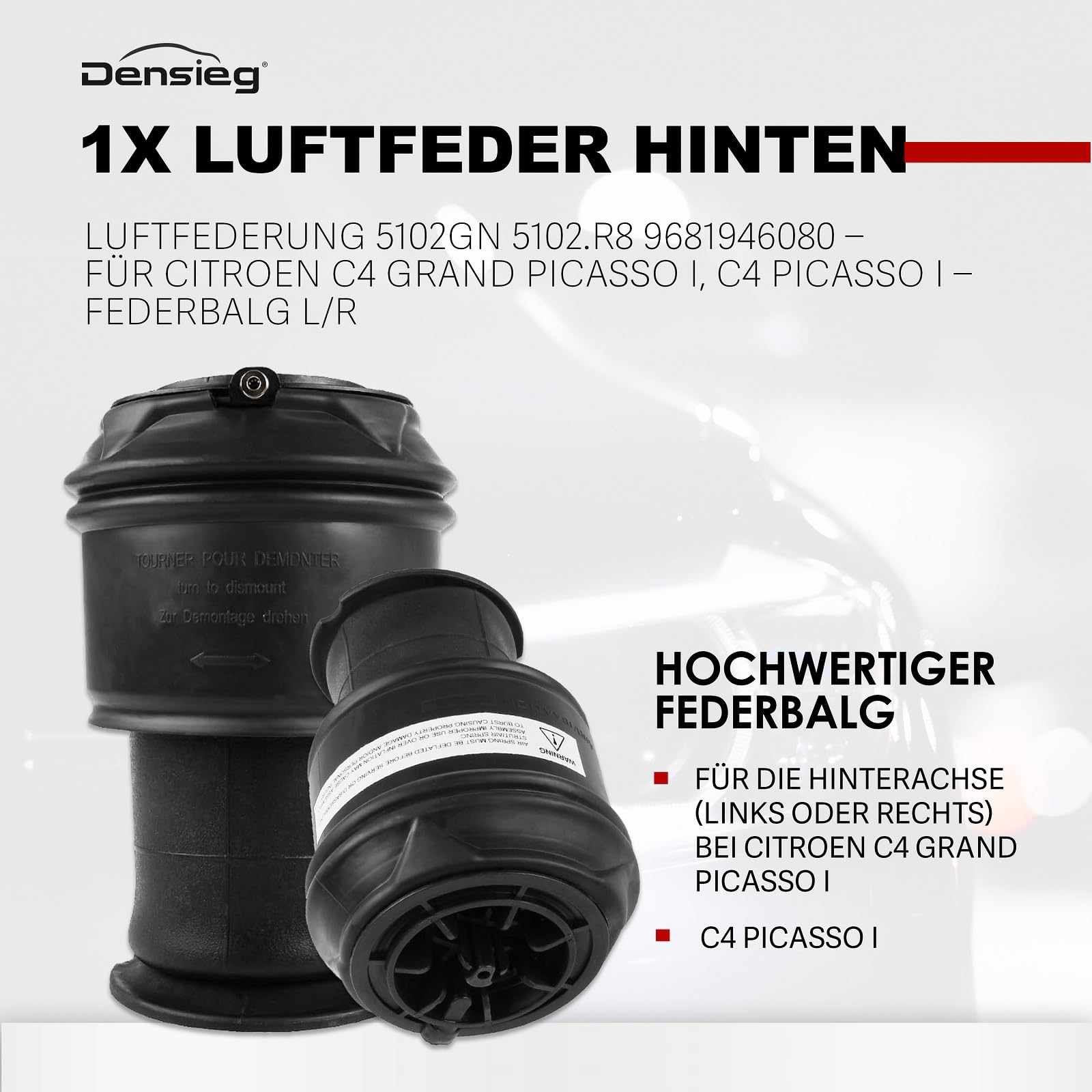 2x Luftfederbälge Hinten Links + Rechts für Citroen C4 Grand Picasso, Ersatz für 5102GN 5102R8, Repariert Durchhängen & stellt Fahrzeughöhe wieder her, Luftfederung Set