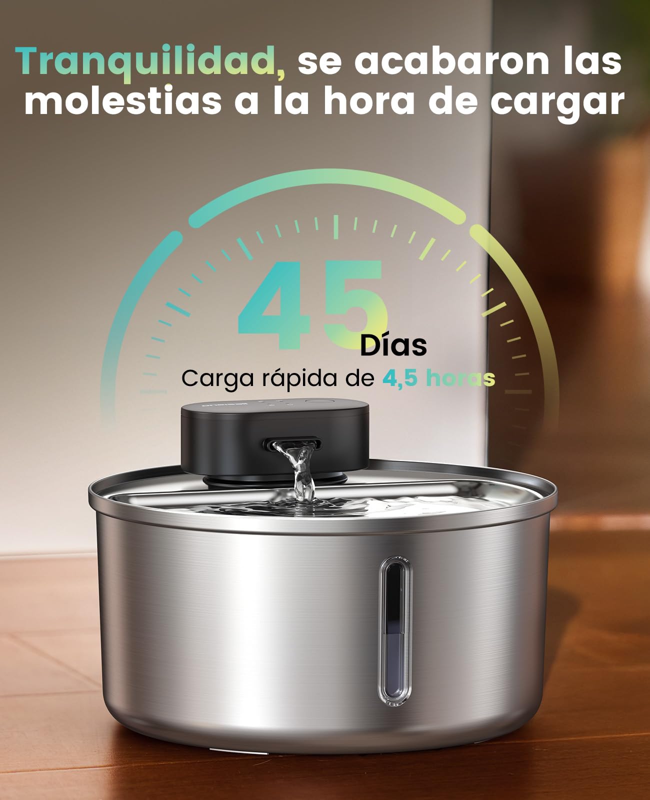 oneisall Fuente para gatos Kabello, 3,2 L, acero inoxidable, fuente para gatos inalámbrica con detector de movimiento, bomba SilentFlow™ de 20 dB, filtro de carbón activo, fuente de agua para gatos