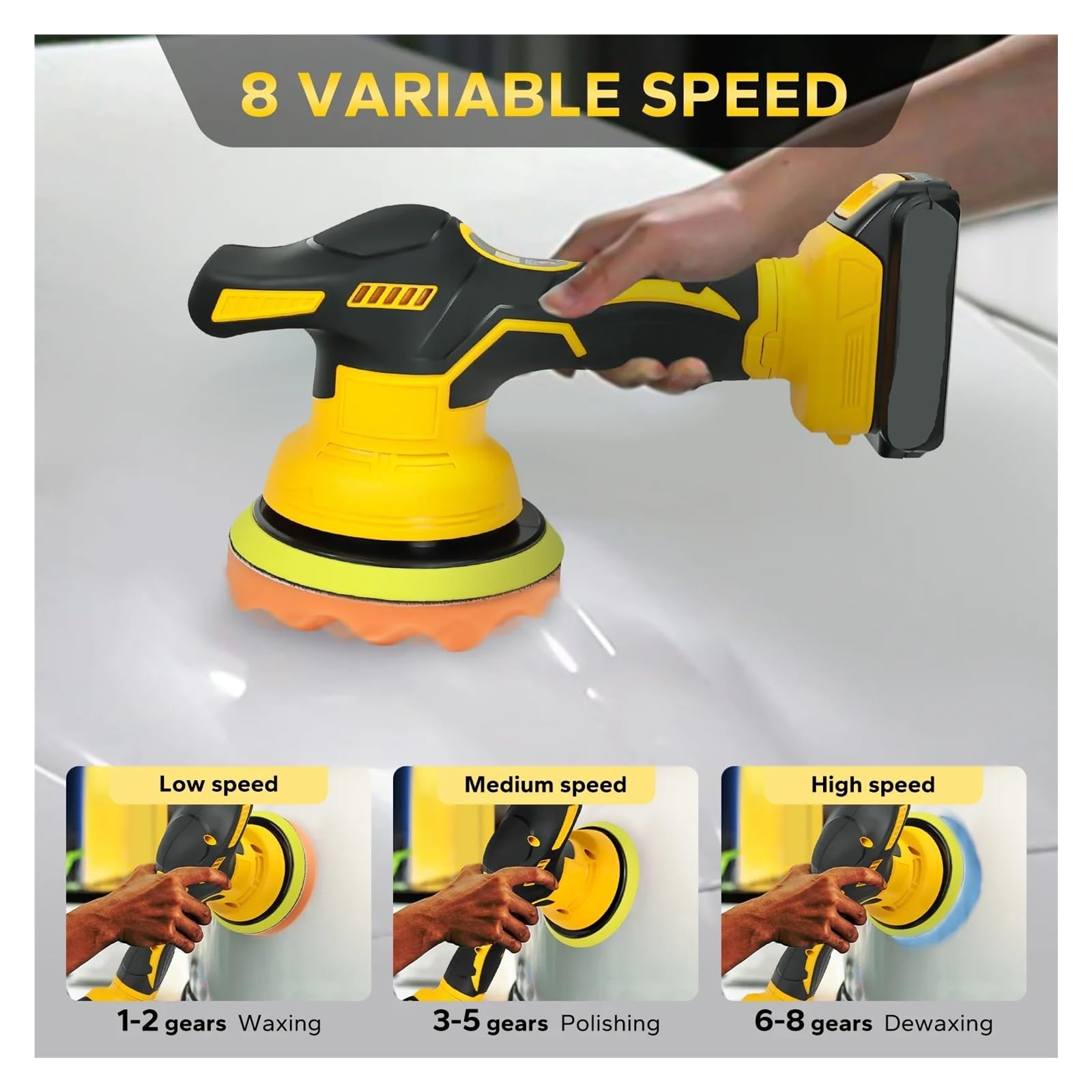 Lucidatrice orbitale portatile a 8 velocità variabili, 5000 giri/min (senza batteria), Basse vibrazioni