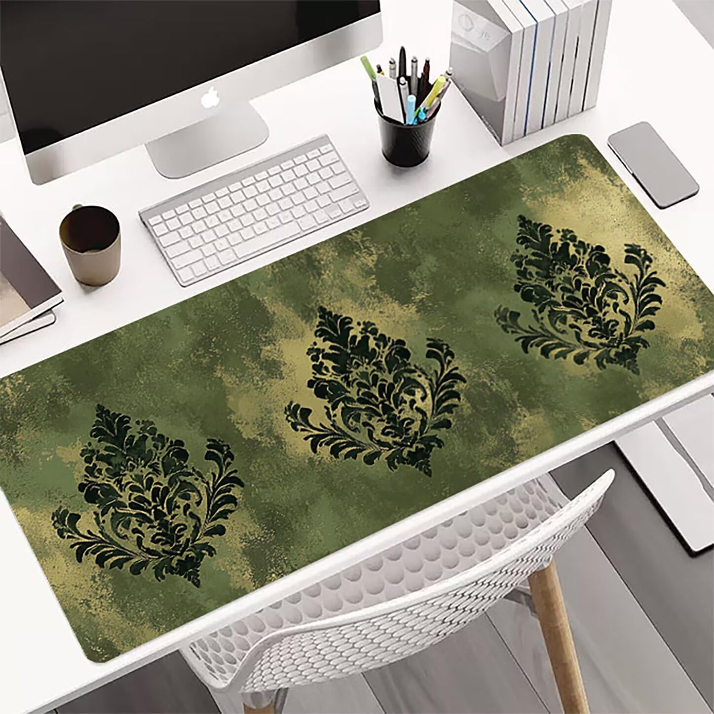 Lpfieonn Retro Schreibtischunterlage XXL, Grün Schreibtischunterlagen Großes, Gaming Mousepad XXL mit ernähter Rand und Rutschfeste Gummibasis, Desk Mat für PC/Laptop/Mausa 120x60cm PF-2320