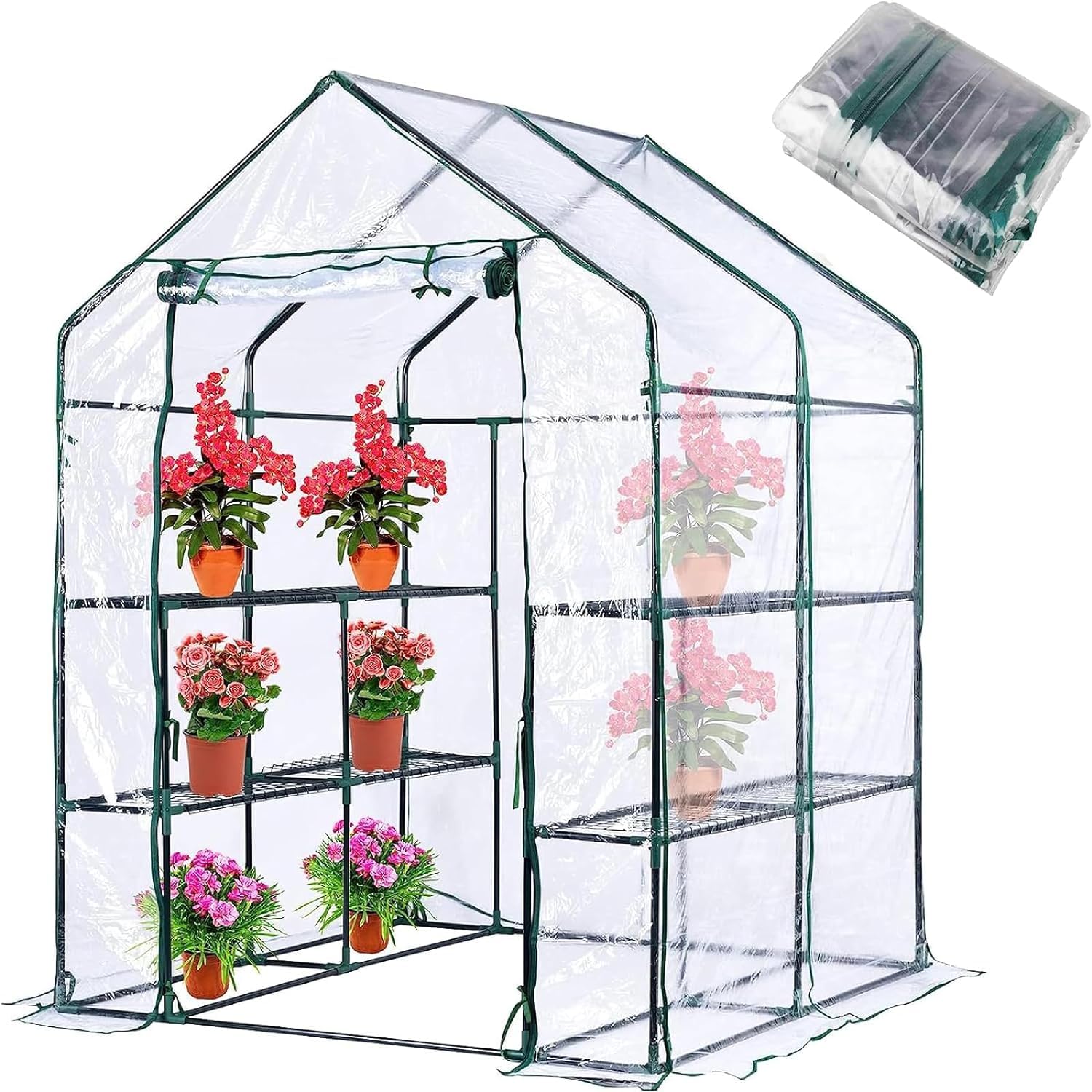 Copertura di ricambio per serra con porta arrotolabile con cerniera, 143 x 143 x 195 cm, in PVC, per piante da giardinaggio all'aperto, protezione dal gelo, antivento, senza cornice trasparente