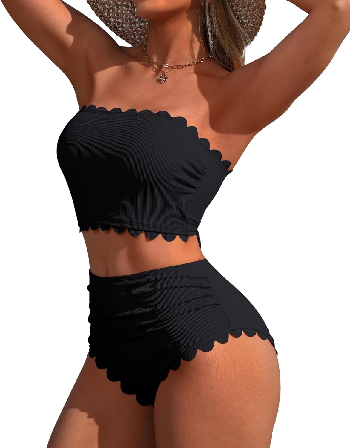 Charmo Strapless High Waisted Bikini Sets for Women Tummy Control Scallop Ribbed Bandeau Swimsuit Lace up Bathing Suits