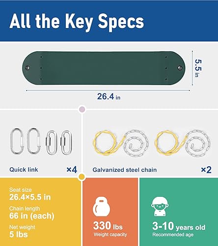 Miniatura 7 de Asiento de columpio resistente, cadenas resistentes al óxido de 66 pulgadas con sección recubierta de PPC de 30 pulgadas, accesorios de repuesto con