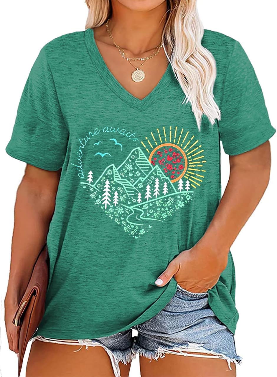 Plus Size T Shirt for Women Vintage Adventure Awaits Tshirt Hiking Shirts Mountain Graphic Tees Short Sleeve Tops