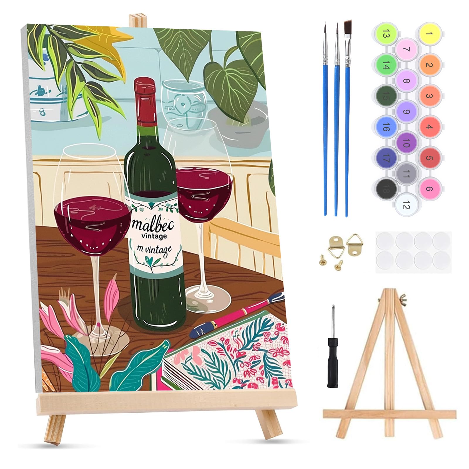 QENSPE Paint by Numbers for Adults on Framed Canvas - with Wooden Easel, Red Wine Painting by Number Kit for Beginners, DIY Elegant Acrylic Oil Painting for Home Wall Decor 8x12 Inch — image 1