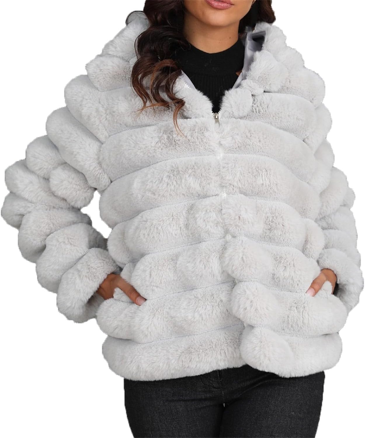 Faux Fur Hooded Coat for Women 2025 Trendy Shaggy Fuzzy Zip Up Coats Casual Soft Long Sleeve Fluffy Jacket Outerwear