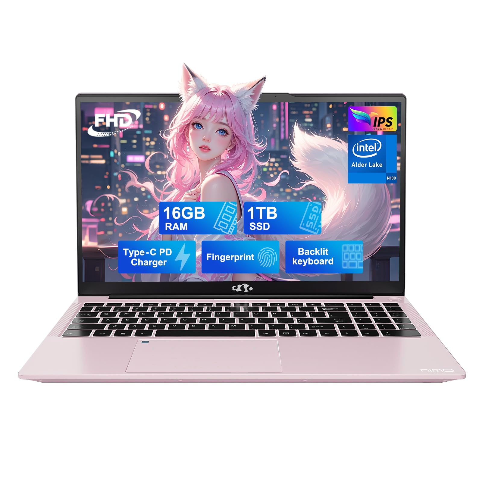 NIMO 15.6 IPS-FHD-Laptop, 16GB RAM 1TB SSD Intel Pentium Quad Core N100, Backlit Keyboard Fingerprint (Beat to i3-1115G4 Up to 3.4GHz) Computer for Student-Home WiFi 6 BT5.2 Win 11