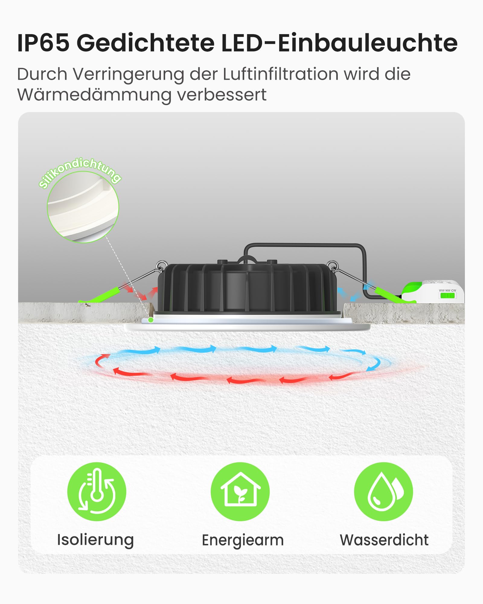 ALUSSO 3CCT LED Einbaustrahler 230V Dimmbar 8W IP65 Loch 70-80MM 6er Set | Warmweiß Neutralweiß Kaltweiß Spots Deckenleuchte Deckenspots Einbauleuchten Einbauspots für Badezimmer Küche, Weiss