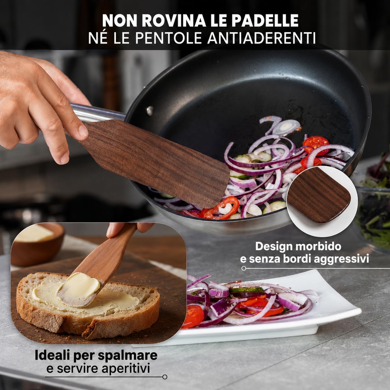 Spatole da cucina in legno - Set di 5 utensili da cucina in legno di teak, resistenti e antiaderenti, ideali per girare, spalmare, servire e mescolare.