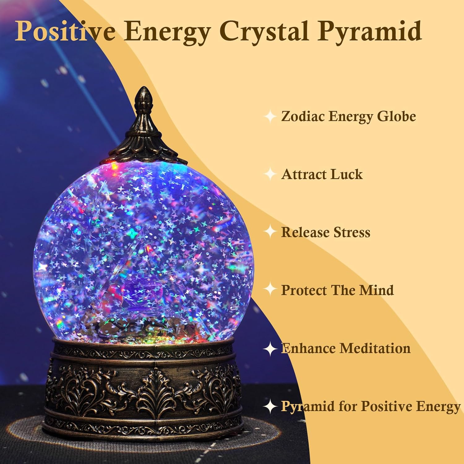 12 Zodiac Signs Taurus Crystal Pyramid Globe with Tiger Eye Healing Stones and Glitter, Pyramid for Positive Energy, Lucky, Handmade Zodiac Themed Gifts for Its Lovers, Birthday Gifts (Taurus)