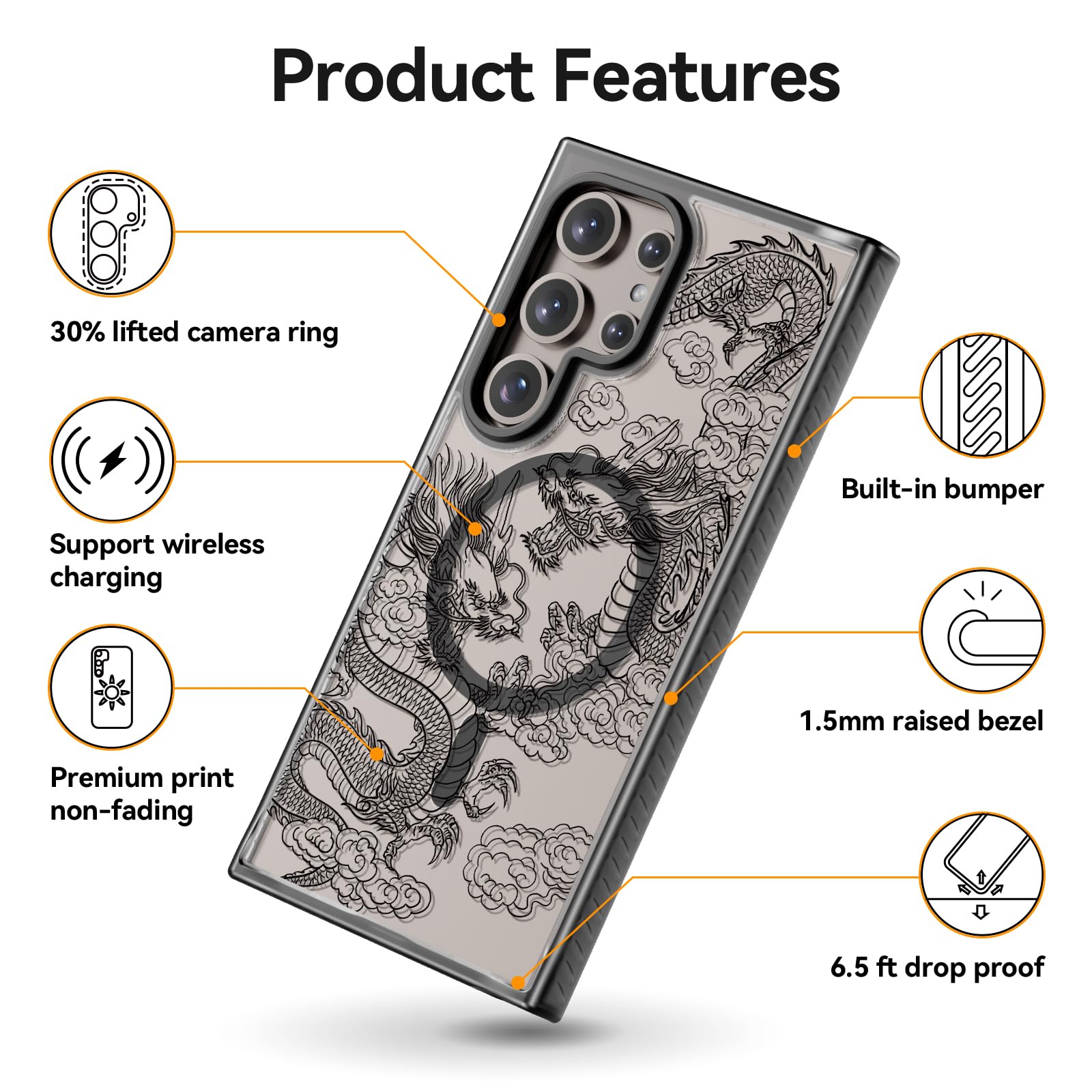 Rosarnnah Funda magnética para Samsung Magsafe bonita estética - Funda divertida y duradera - Diseño de cubierta con estampado de dragón femenino para mujer y niña de 6.8 pulgadas, color negro