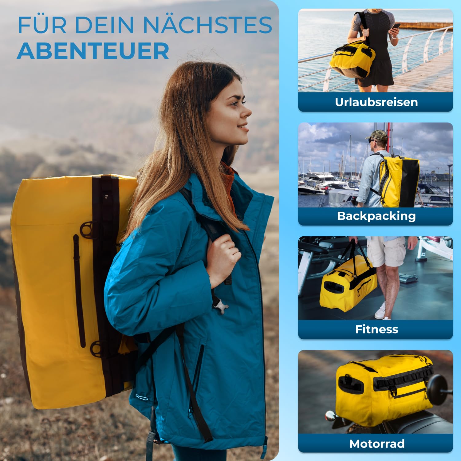 STYNGARD Reisetasche wasserdicht mit Rucksackfunktion [60l] - Sporttasche mit Rucksackfunktion wasserdichtes Material - 3in1 Duffle Bag 60l als Segeltasche und Seesack - Modell Hamburg (Gelb, 60L)