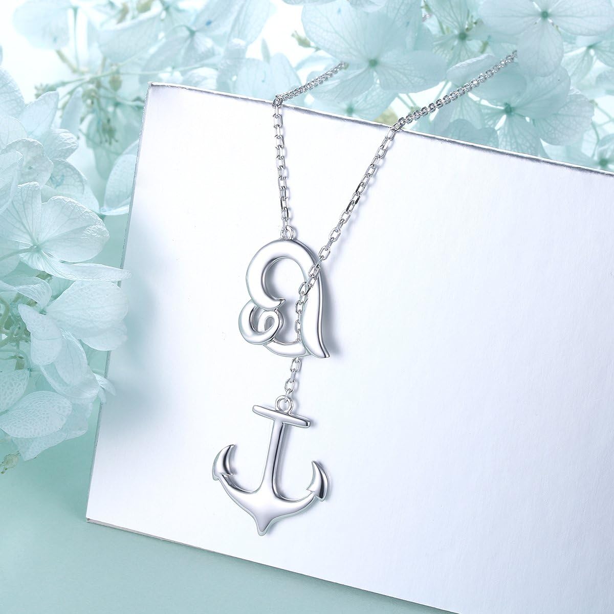 S925 Sterling Silver Anchor and Waves Lariat Y Shaped Necklace for Women Adjustable Beach Jewelry Gift