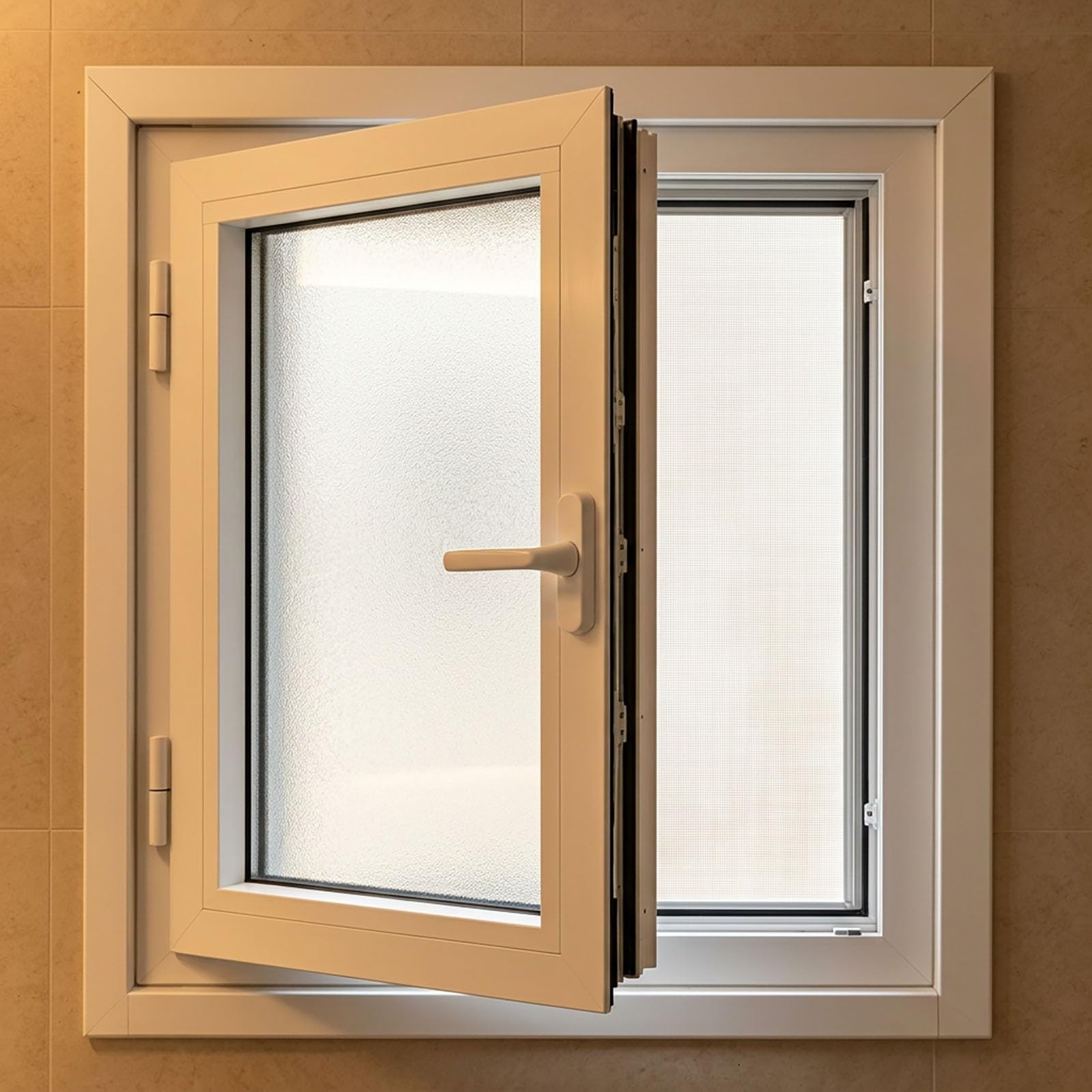 Ventana abatible derecha con marco de aluminio premium y doble vidrio esmerilado acústico 1