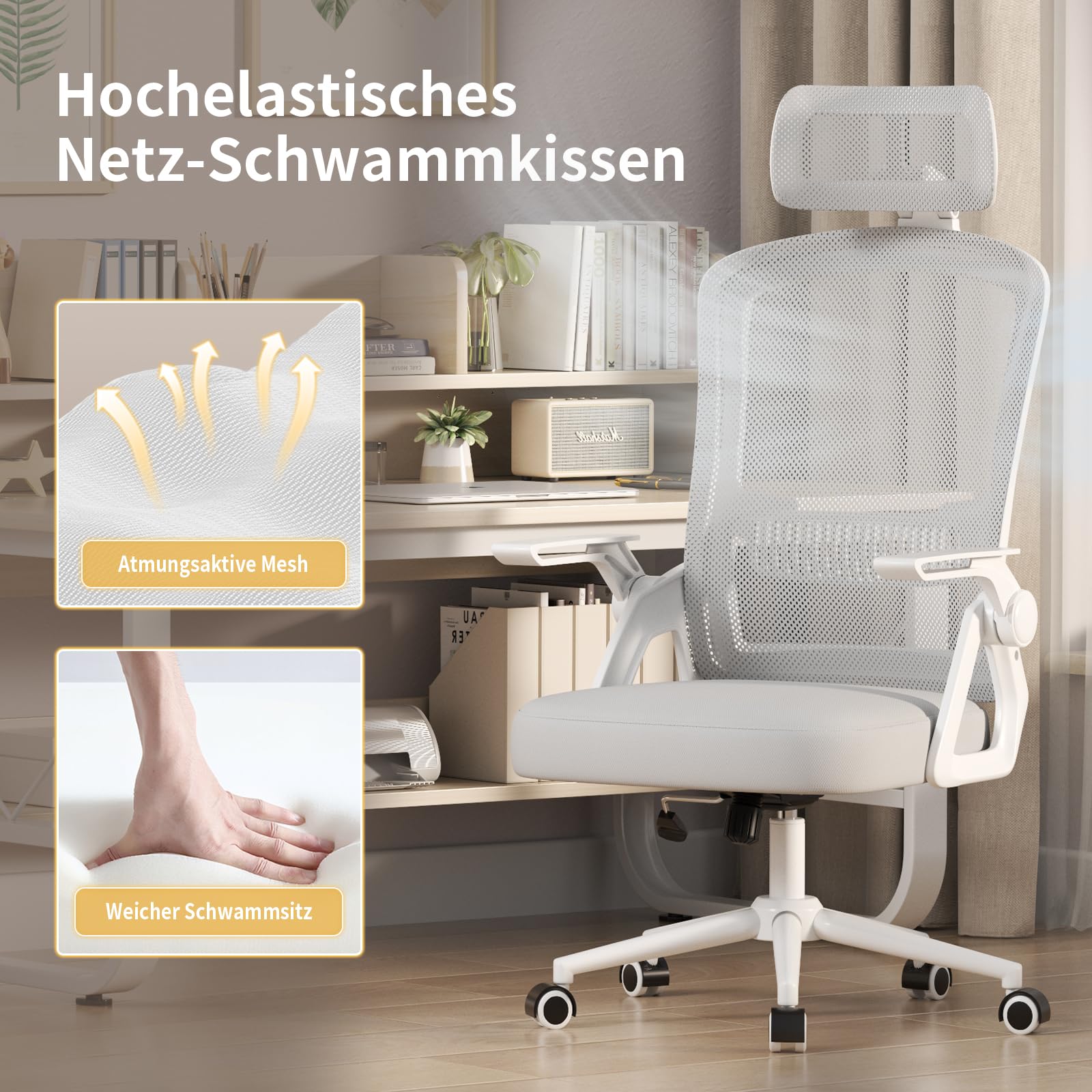 naspaluro Bürostuhl Ergonomisch Schreibtischstuhl Grau | Atmungsaktiver Netzgewebe, Lordosenstütze, Höhenverstellung Computerstuhl, Verstellbarer Armlehnen Kopfstütze Drehstuhl