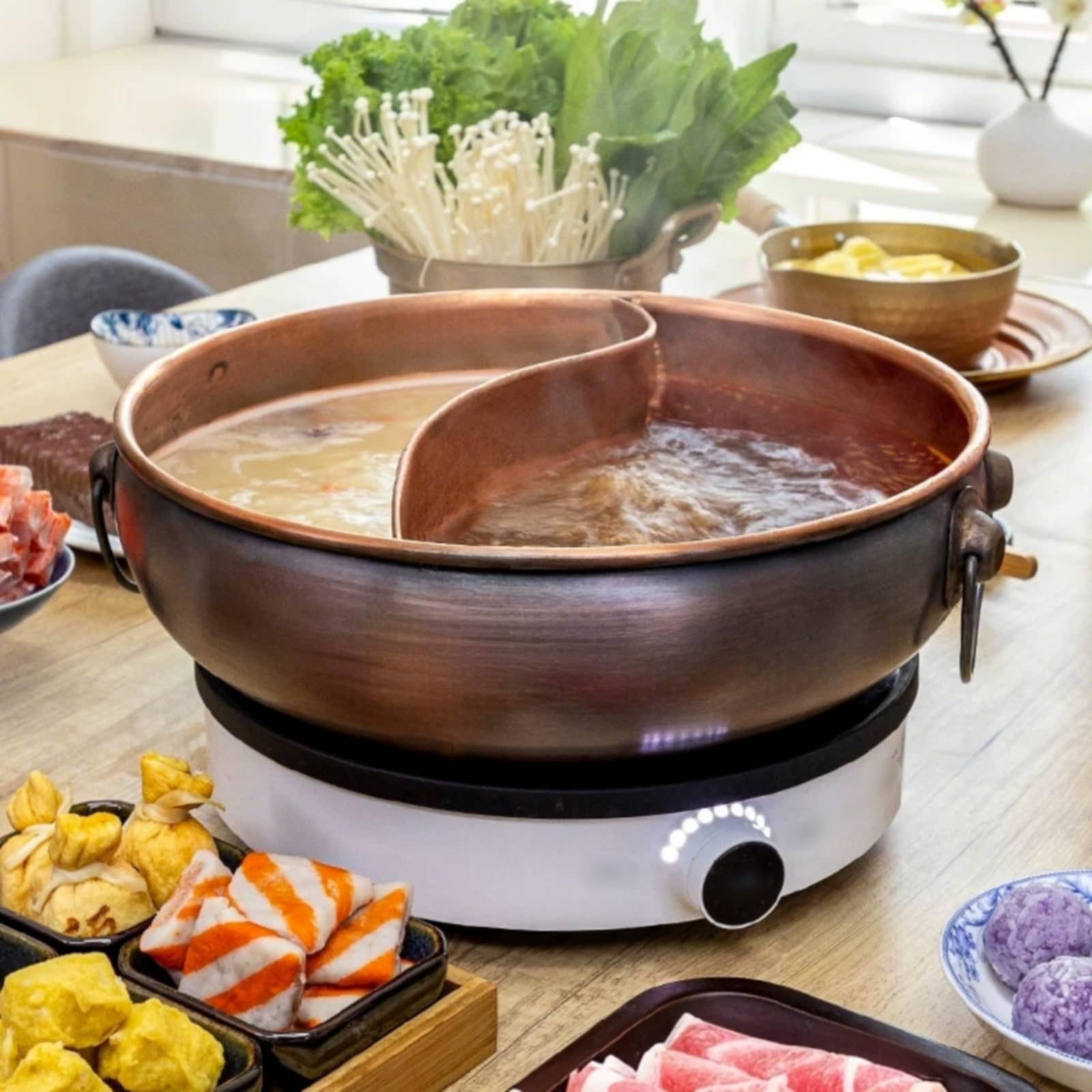 Fornello Elettrico per Pentola in Rame con Divisorio Doppio per per Pranzi di Gruppo E Servizio Continuo con, 3-5 Persone, Style to 4