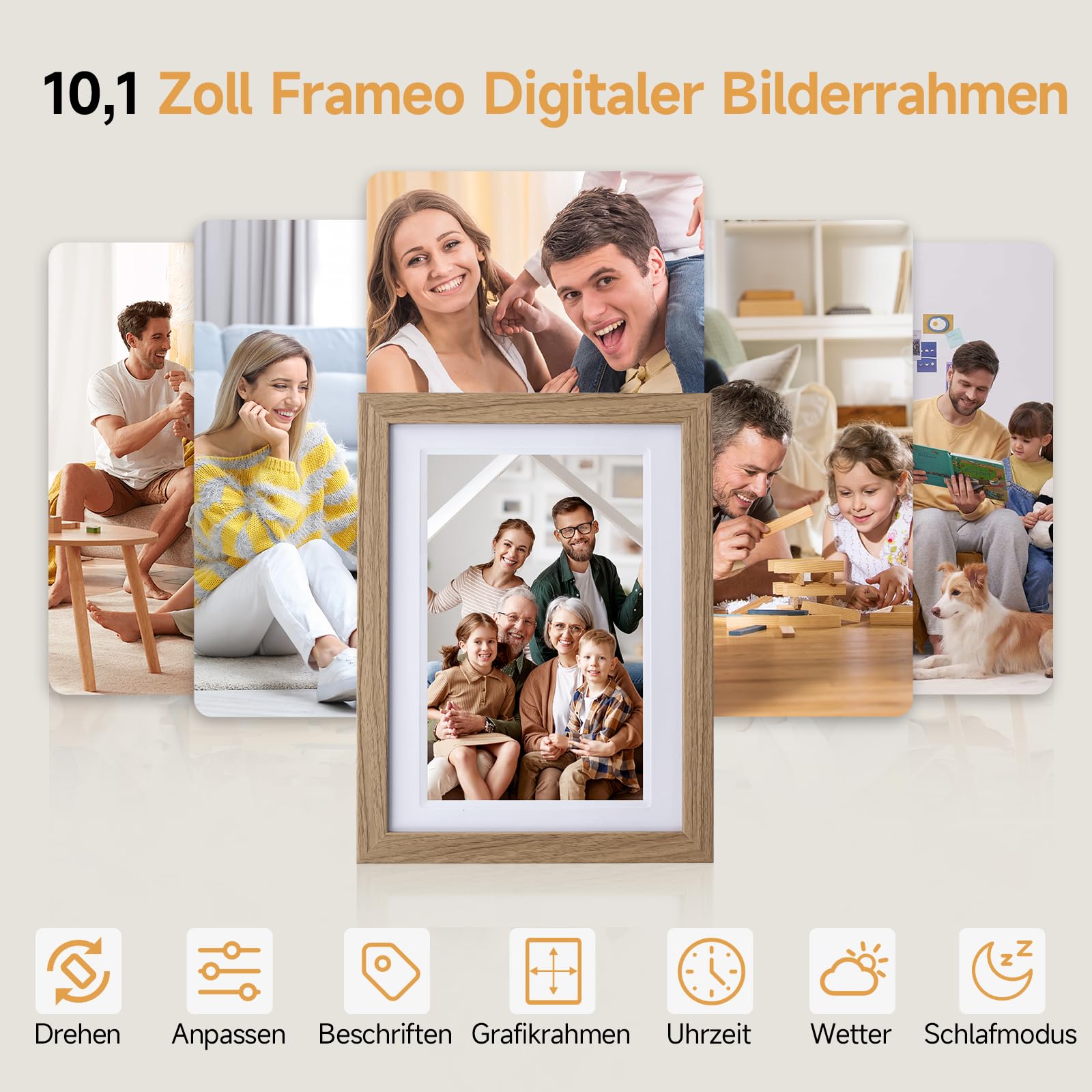 Rollei Smart Frame WiFi 1010 Digitaler Bilderrahmen 10,1 Zoll Frameo Digital Photo Frame 1280x800 IPS Touchscreen 32GB Speicher Holzoptik Eiche Digitaler-Bilderrahmen-Digital-Elektronischer-Fotorahmen