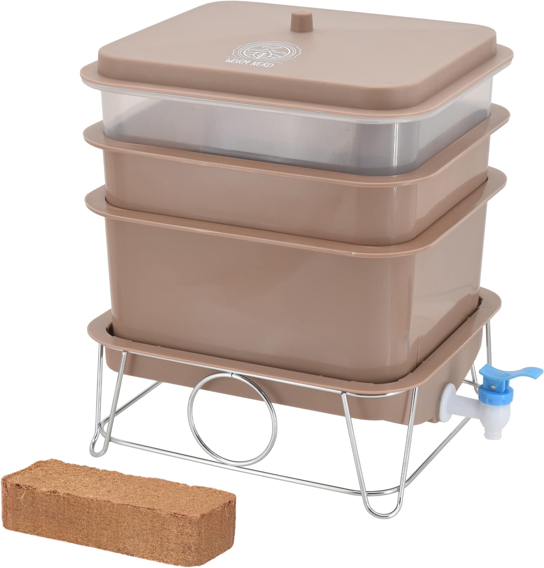 Worm Nerd WN41 4-Tray Worm Composting Bin Kit with Coco Coir Brick for Recycling Food Waste, Worm Castings, Worm Tea, Vermiculture and Vermicomposting, Black