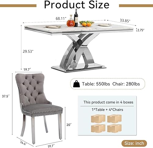 Miniatura 8 de Goujxcy Juego de 4 mesas de comedor de mármol de 70 pulgadas para 4, mesa de comedor rectangular moderna para 4, mesa de cocina y sillas de mármol
