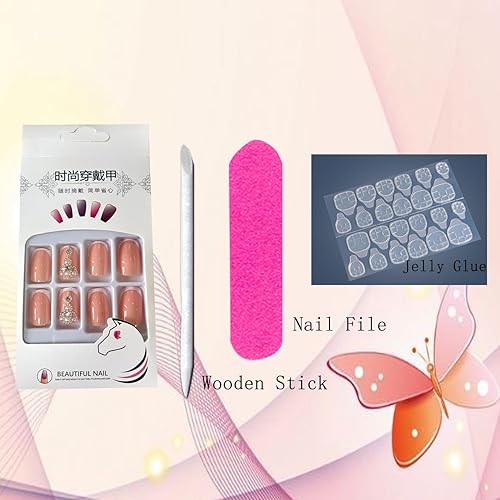 Miniatura 6 de Uñas postizas cuadradas medianas con diseño de diamantes de imitación, cobertura completa, reutilizables, con forma de ataúd, brillantes, uñas